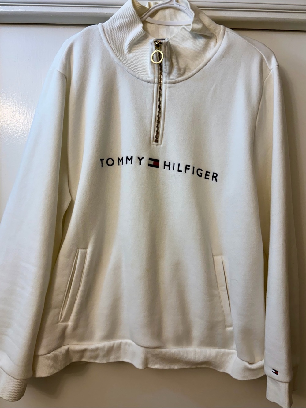 🔥 VINTAGE 90s Tommy Hilfiger Cream 1/4 Zip Fleece Sweatshirt - XXL 🔥